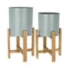 Koopman Olive Green Steel Planter With Wooden Stand -Planters Kit Sales 8719987488399